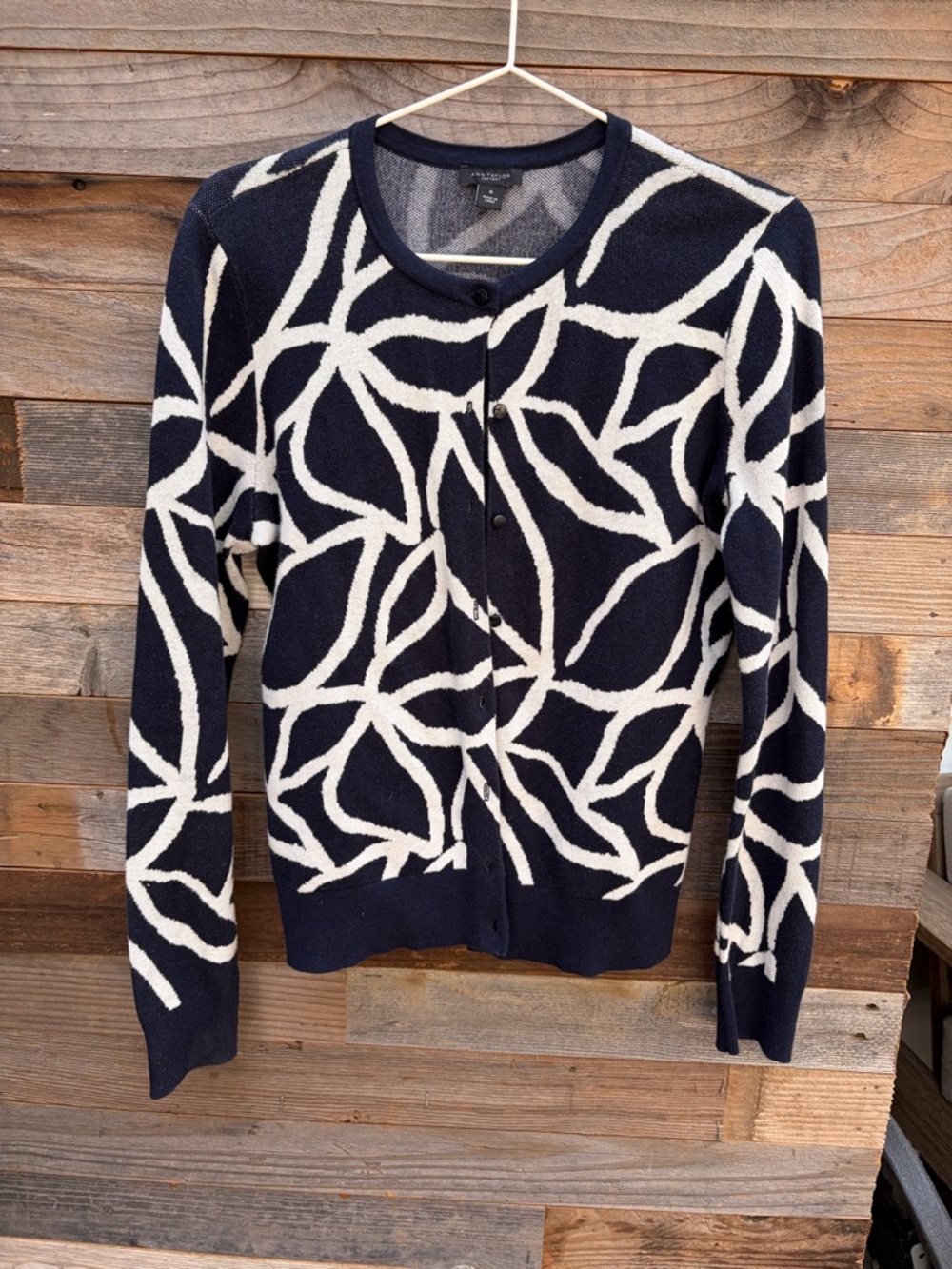 Navy and Cream Patterned Women’s Cardigan Sweater